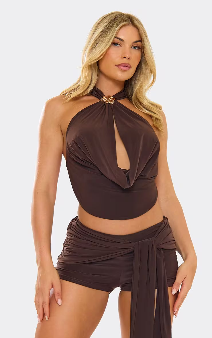 Chocolate Luxe Cowl Halter & Ruched Tie Shorts Set Size M-L (12)