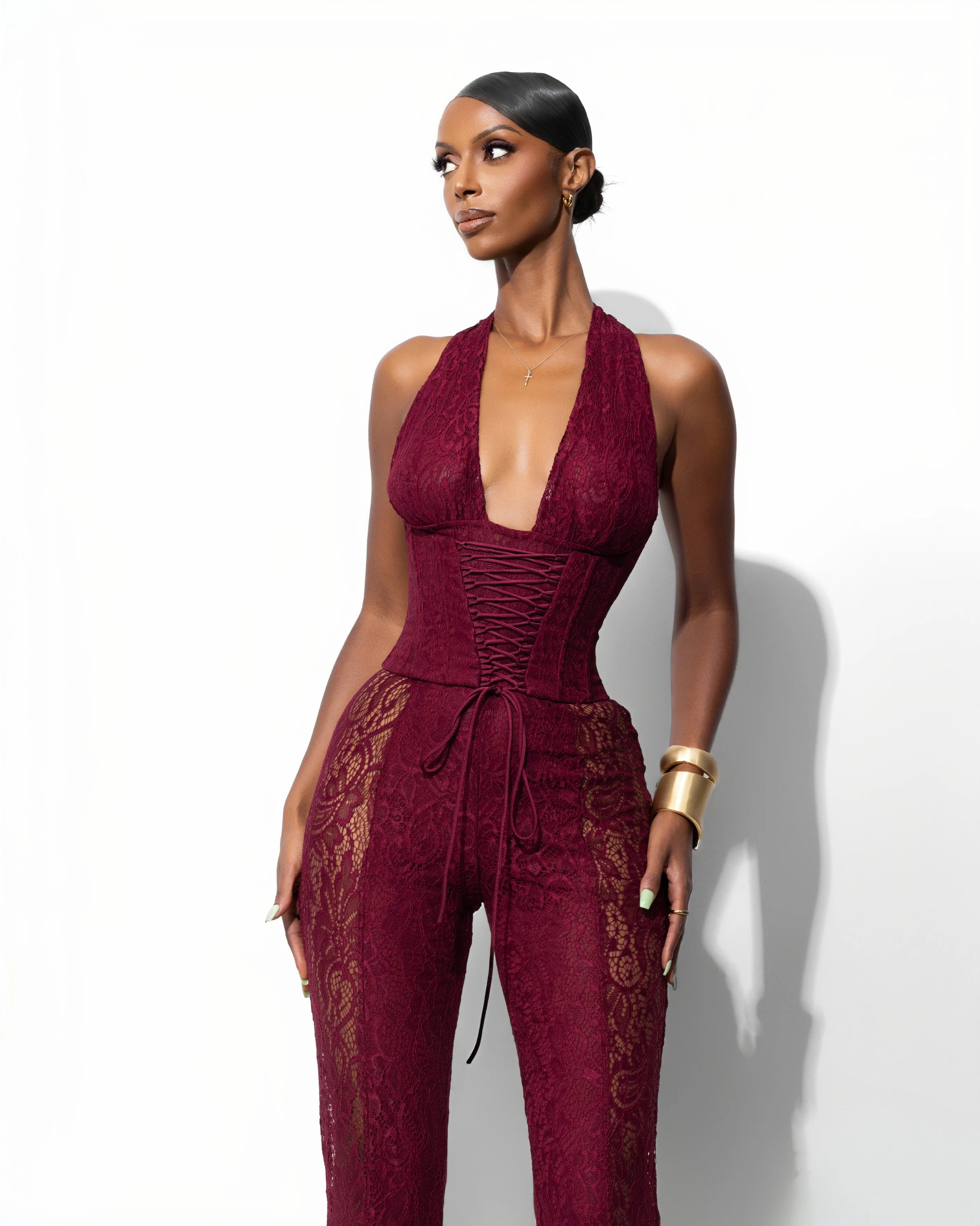 Trouble Lace Jumpsuit Burgundy Size S (8)